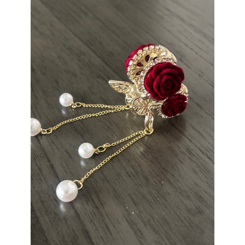 Red Velvet Rose Gold Hair Claw Clip with Rhinestones and Dangle Faux Pearls